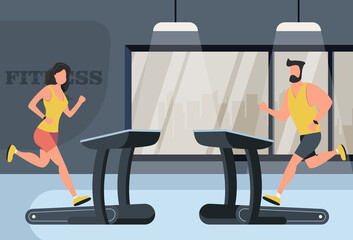 The man and woman running on a treadmill in a fitness club or gym. sport fitness concept. Vector illustration in modern style. Guy and girl run on a treadmill.