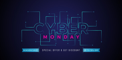 illustration of CYBER MONDAY letter on dark background with technology concept for advertising, promotional online shop, poster, web banner, brochure and flyer design concept.