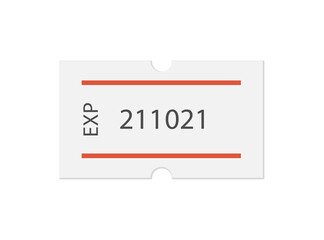 Expired date self-adhesive paper tag with two red stripes. Best before. Price label. White sticker to indicate the expiration date. Vector illustration isolated on white background.