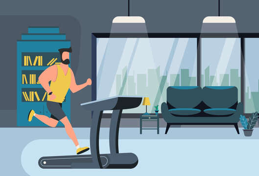 The man running on a treadmill in home. sport concept.. Vector illustration in modern style