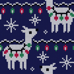 	
Llama jacquard knitted seamless pattern. Christmas background for knitted wear, sweater and socks design. Vector illustration.