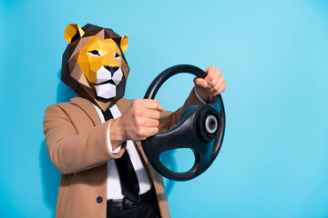 Profile side photo of weird anonym guy in lion mask ride steering wheel car go theme event isolated...