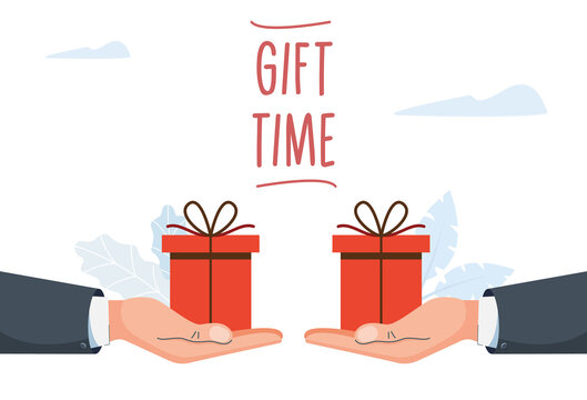 Gift exchange. Christmas Eve gifts. New Year gifts. A man's hand gives a gift. Vector illustration in modern style