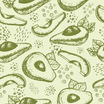 Vector seamless pattern with half avocado. Pattern from a tropical fruit. Vegetarian healthy organic food sketch. Exotic plant motifs for design of packaging, labels, wrapping paper, wallpaper.