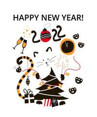 New Year with Tiger behind with elements, holiday card