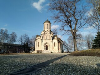 Ancient historical building of orthodox church cathedral in Russia, Ukraine, Belorus, Slavic people faith and beleifs in Christianity Moscow Andronik Monastery