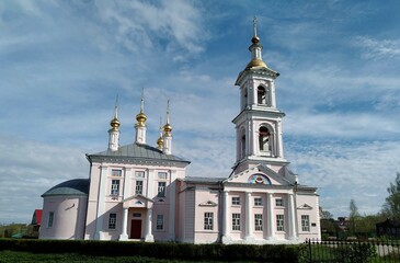 Ancient historical building of orthodox church cathedral in Russia, Ukraine, Belorus, Slavic people faith and beleifs in Christianity Kimry