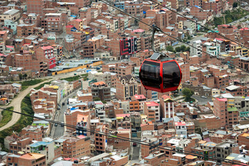 Cable cars carry passengers in La Paz. Aerial cable car of urban transit system  the Bolivian city of La Paz.