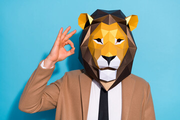 Portrait of man lion mask show okey symbol advise choose theme event wear outerwear isolated over...