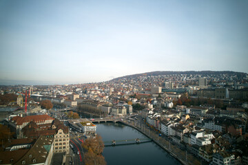 Fototapeta premium Aerial view of City of Zürich on a cloudy autumn day. Photo taken November 18th, 2021, Zurich, Switzerland.