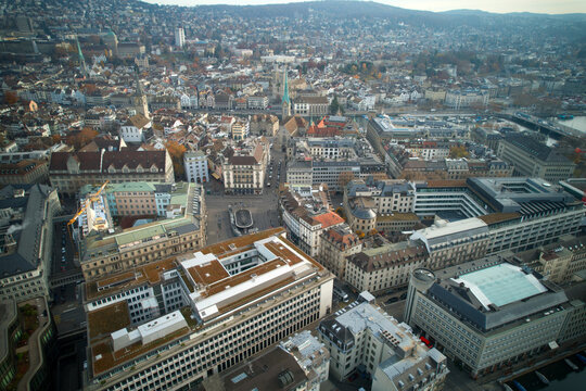 Aerial view of City of Z&uuml;rich with famous Paradeplatz on a cloudy autumn day. Photo taken November 18th, 2021, Zurich, Switzerland.