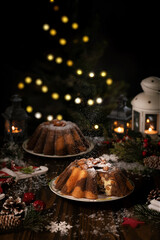 Traditional homemade chocolate christmas cake with orange candied fruits powdering with icing sugar. Lignts bokeh background