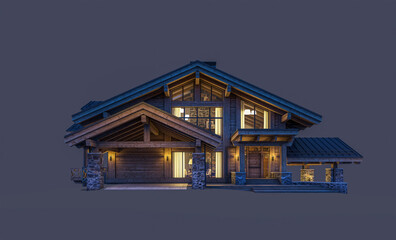 Fototapeta na wymiar 3d rendering of modern cozy chalet with pool and parking for sale or rent. Massive timber beams columns. In the night. Isolated on black