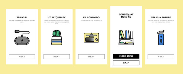 Workplace Accessories And Tools Onboarding Mobile App Page Screen Vector. Workplace Desk Organizer And Monitor Arm, Stapler Tape Dispenser Stationery Table Phone Holder Wireless Charger. Illustrations