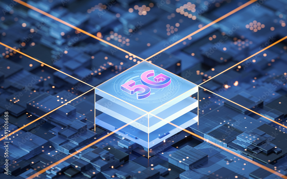 Poster 5g communication technology and circuit, 3d rendering.
