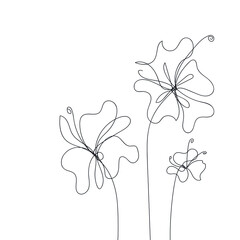 Abstract flowers drawn by one line. Design elements for greeting card, posters, banner, cover. Floral sketch. Simple vector illustration.