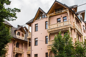 Fototapeta premium Beautiful wooden hotel building in Truskavets. Ukraine 
