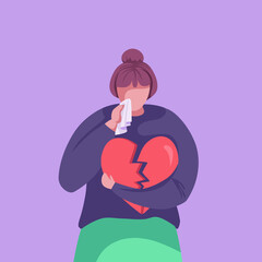 Sad young woman feel depressed and heartbroken. Unhappy teen girl cries after break up and brushes away tears with napkin. Colorful cartoon vector illustration.
