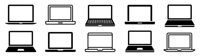 Laptop icons set. Laptop different style. collection Laptops or notebook computer. Flat and line icon - stock vector. - obrazy, fototapety, plakaty