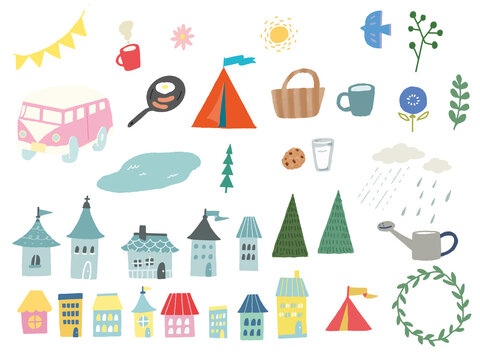 北欧の街並みとキャンプのイラスト(手書き、キャンピングカー、家、テント、森、可愛い、雑貨) Illustration of Nordic streets and camps.Handwritten, camping car, house, tent, forest, cute.