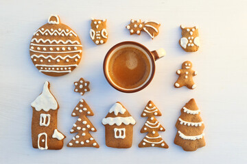 Christmas gingerbread cookies and cup of coffee.