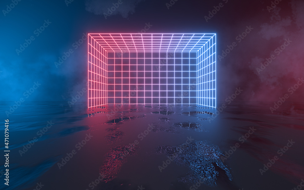Poster grid lines and neon lines, 3d rendering.