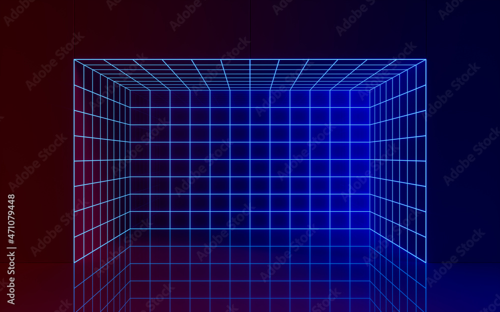 Poster grid lines and neon lines, 3d rendering.
