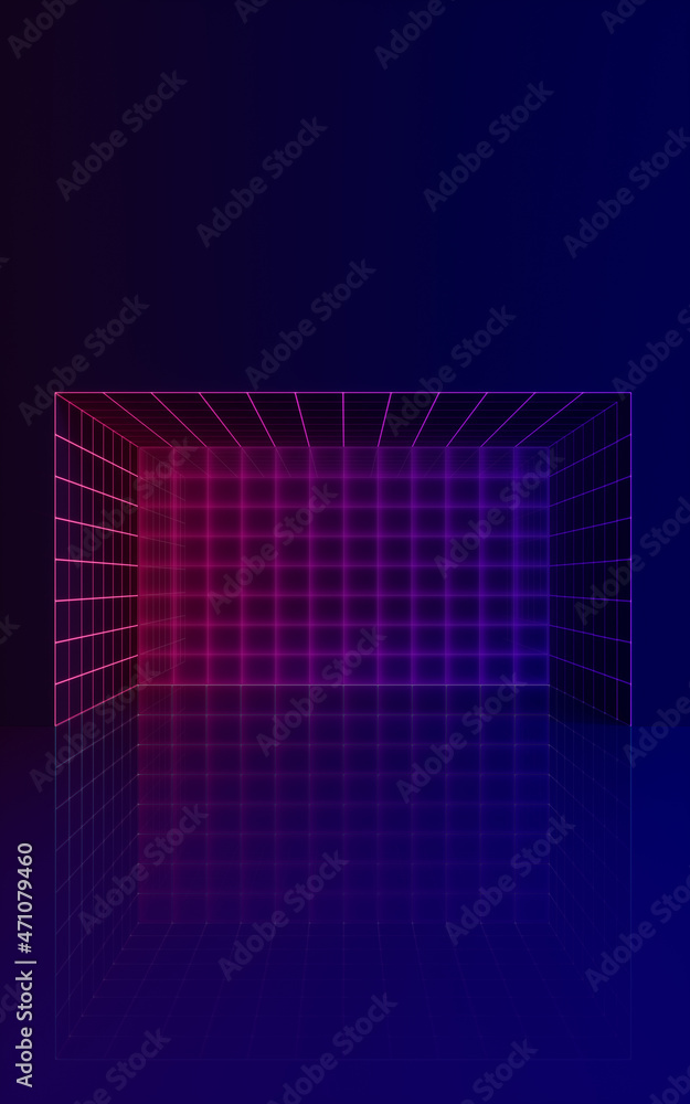 Poster grid lines and neon lines, 3d rendering.