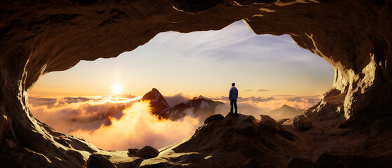 Abenteuerlustiger Wanderer, der in einer Höhle mit felsigen Bergen im Hintergrund steht. Abenteuerkomposit. 3D-Rendering-Spitze. Luftbild der Landschaft von British Columbia, Kanada. Sonnenuntergang Himmel