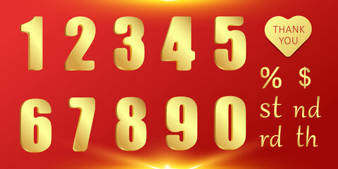 A charming set of golden numbers. Suitable for the design of banners, greeting cards, as well as for use as elements of web design. 3 D. Vector illustration.