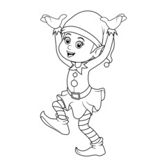 Colorless cartoon Christmas Elf. Black and white template page for coloring book with Santa Claus helper elf. Cute smiling gnome in costume. Practice worksheet or Anti-stress coloring page for kids.