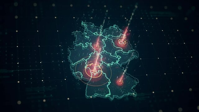 High-tech digital Germany map with animated visual HUD elements , futuristic grid, lines, glowing circles and random coding. Motion video is great for visualization and promotion of Hi-tech projects.