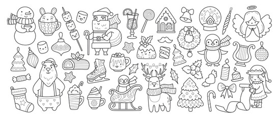 Big collection of christmas outline cartoon characters and elements for coloring book. Santa Claus, xmas elf, cherub, snowman, candle, holly and holiday decorations. Vector isolated illustration.