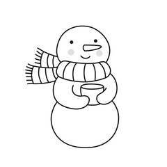 Snow man holding coffee mug. Cute cartoon winter christmas character. Funny outline illustration. Vector isolated emblem for logo, coloring book, tattoo, print.