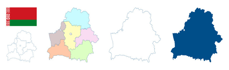 Belarus map. Set of vector maps. Detailed blue outline and silhouette. Administrative divisions and oblasts. Country flag. All isolated on white background. Template for design and infographics.