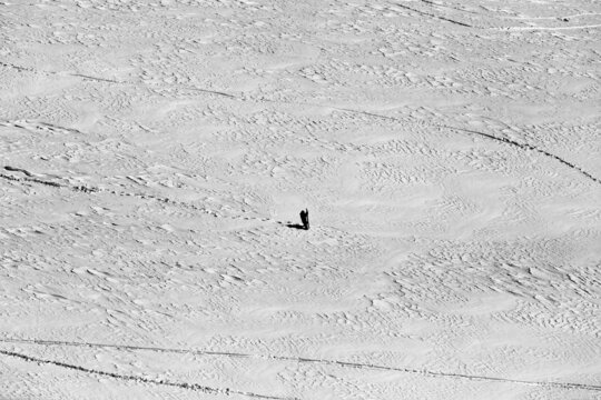 Snowboarder on snowy slope for freeriding at winter. Black and white.