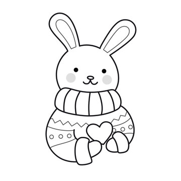 Rabbit holding heart. Cute cartoon bunny character. Funny outline illustration. Vector isolated emblem for logo, coloring book, tattoo, print.