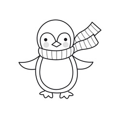 Kawaii penguin in striped scarf. Cute cartoon character. Funny cute outline illustration. Vector isolated emblem for logo, coloring book, tattoo, print.