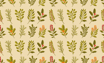 Seamless pattern branch Christmas floral plant.New year 2022 ornament.Decoration botanical design.
