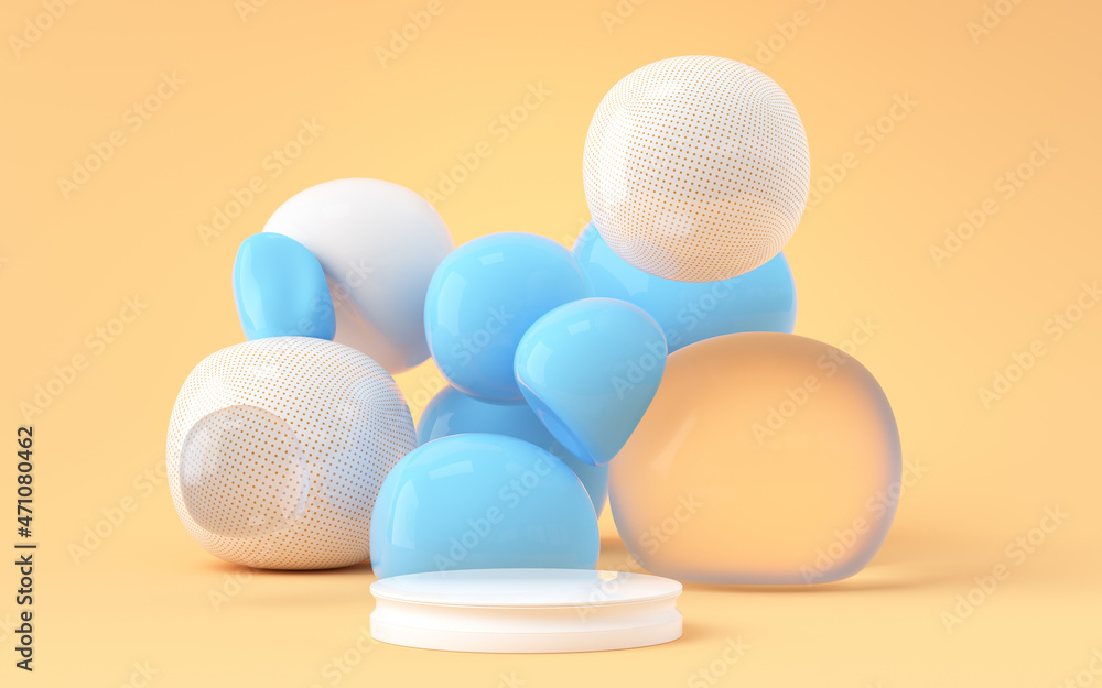 Poster bouncy and abstract balls, 3d rendering.