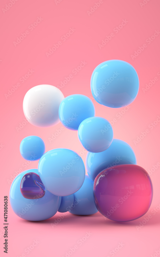 Poster bouncy and abstract balls, 3d rendering.