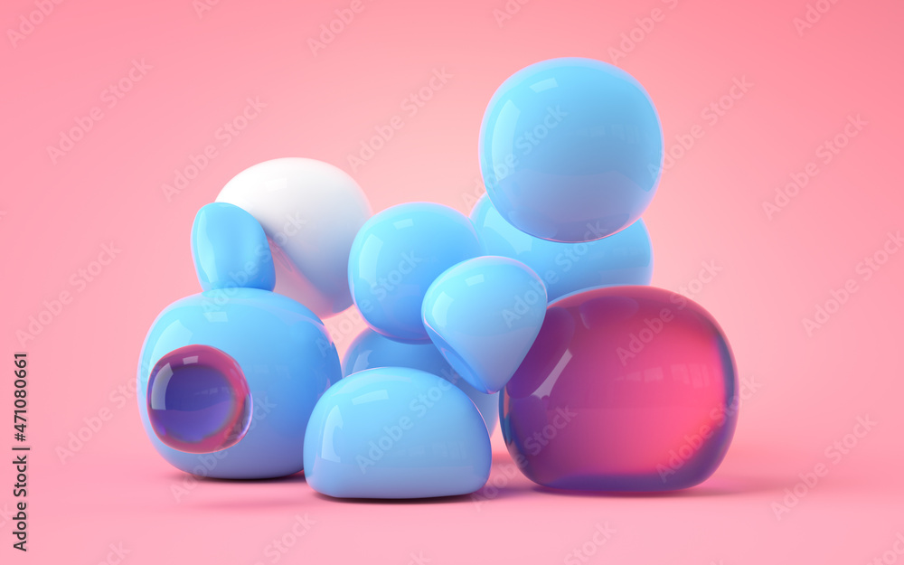 Poster bouncy and abstract balls, 3d rendering.