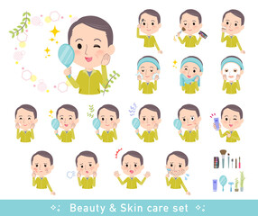 美容に関するスポーツウエアを着た中年薄毛男性のセット