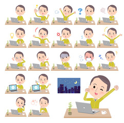 デスクワークに関するスポーツウエアを着た中年薄毛男性のセット