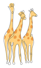 Three giraffes one continuous line art drawing. Elegant vector illustration representing the African fauna concept for prints, tattoos, posters, textile, web etc.