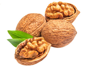 Walnut Isolated. Walnut kernel Nut  with green leaves on white background. .