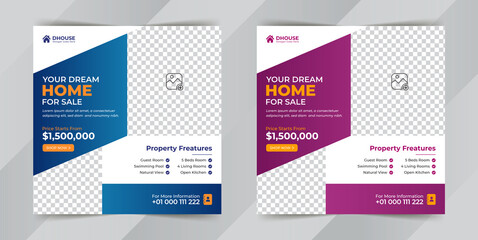 Real estate home for sale social media post or square web banner advertising template