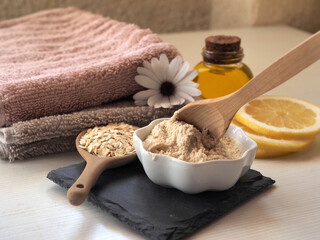 DIY oatmeal face and body scrub. Close-up. Natural home skin care concept