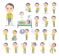 怪我や病気の状態のスポーツウエアを着た中年薄毛男性のセット