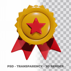 3D Gold medal and ribbon with transparency background
